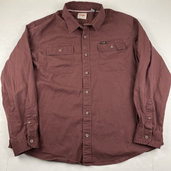 Wrangler Button Up Chambray Shirt Men’s 2XL Cotton Stretch Long Sleeve Maroon - Picture 2 of 10